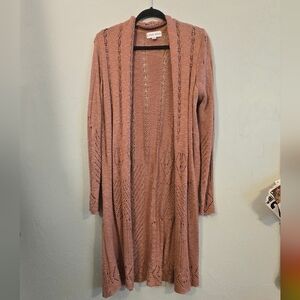 Open Knit Dark Blush Pink Long Cardigan